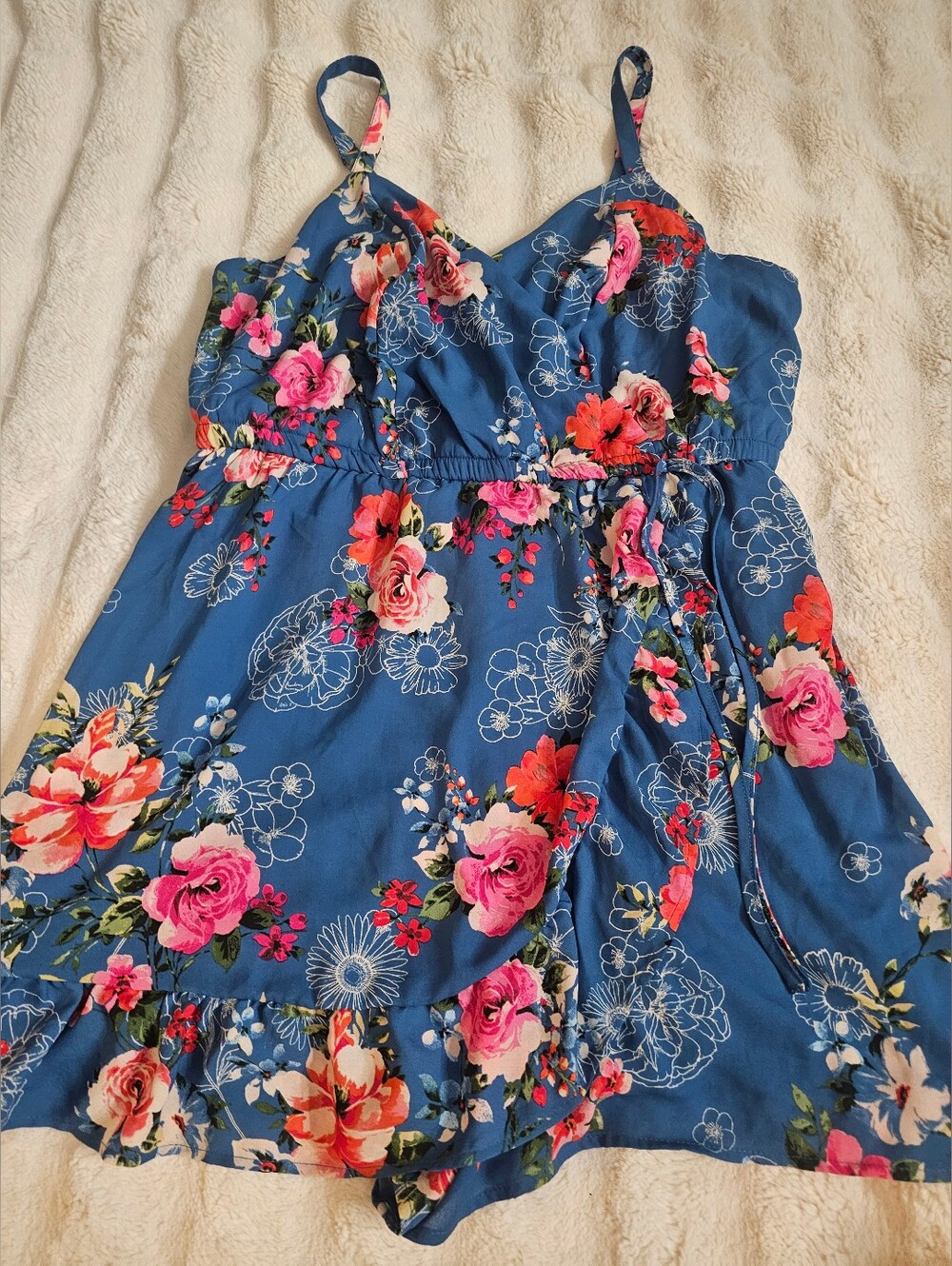 Girls Blue Floral Sundress with Pink Rose Print